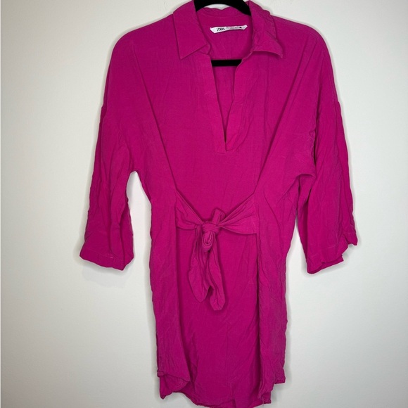 ZARA BLOGGER FAVORITE KNOTTED WAIST MINI DRESS FUCHSIA - Picture 5 of 8